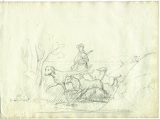 Scène de chasse ... au lion  - Dessin Original ancien