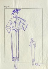Dessin Original Vintage Croquis MODE Vêtement Manteau Chapeau Femme c.1950 #3