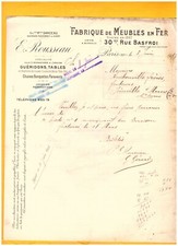 PARIS (XI°) USINE de MEUBLES en fer / TABLES CHAISES "E. ROUSSEAU" Lettre en1913