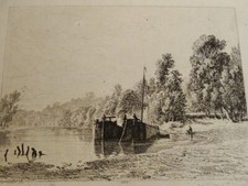 Charles JACQUE 1813-1894 GRAVURE EAU FORTE BORDS RIVIERE BATEAUX BARBIZON 1844
