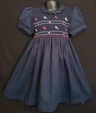 Robe smocks manches ballons en coton piqué bleu marine 1 ans à 12 ans