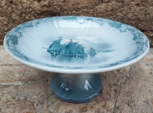 Ancien compotier bleu décor - ancien, bleu,