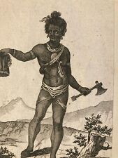 Belle Gravure Ancienne XVIIIe Indigène Portant Un Scalp Indien Ethnologie Art