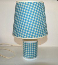 Ancienne Lampe luminaire opaline blanche et toile vichy bleu vintage RETRO 50 60