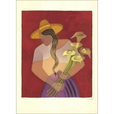 TOFFOLI Louis - Lithographie originale "Mexicaine aux arums" 69x49cm - 1968