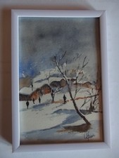 Aquarelle originale signée encadrée "Hameau sous la neige"