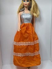 Robe Bi-matière Argentée Orange Poupée Barbie Vintage Mod Era TNT