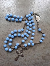 Ancien Chapelet Perles De Verre Bleu Ciel Priere Christ Bijou Esoterisme 38cm