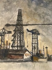 Très belle Peinture Gouache 1950 Art Chantier Naval Marseille Bateau Mer Ancien