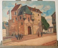 Huile sur toile panneau datée : personnages devant un bâtiment à Honfleur