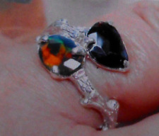 Jolie bague vintage Toi & Moi argent opale de feu et opale noire