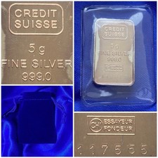 Lingot Argent Pur Credit Suisse Bank Fine Silver 5g Numbered  Bar Vintage Sealed