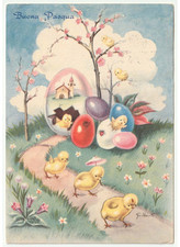 1969 Galbiati Carte Postale Vintage Joyeuses Pâques Poussins Œufs Colorés Église