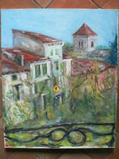 Ferrals les Corbières Place de la République peinture à l'huile toile chassis 