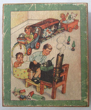 Ancienne boîte de 30 cubes en bois 4,1 cm illustrés de scènes enfantines