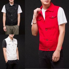 Hommes Motard sans Manche Gilet Veste Jean Débardeur Chemise Col Décontracté