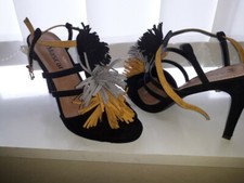 Escarpins Sandales nu pieds  daim pompom multicolore  T 38 neuves sexy 