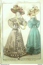 Gravure Costume Parisien 1827 # 2553 (eau forte) Redingote  de dauphine garnie