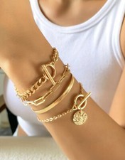 4x Bracelet Femme Doré Or Jaune Lot Bijoux Avec Chaîne Réglable Jonc Accessoire