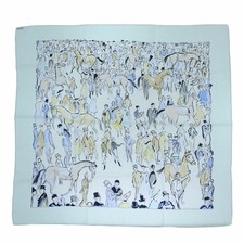 Hermès Foulard Carré 90 Paddock Cheval Jean-Louis Clerc Bleu Clair Neuf