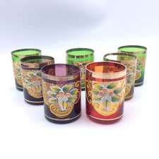 Service sept verres à liqueur cristal coloré émaillé décor floral Bohème XXème