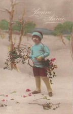 CP BONNE ANNEE ENFANT CULOTTE COURTE BONNET AVEC GUI FLEURS - 41122