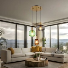 Lampe Salle à Manger Suspension Luminaire Alu Laiton Verre Cannelé 3-Flammig