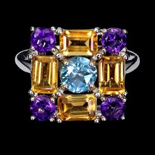 925 Bague en Argent Octogone Citrine 6x4mm Améthyste Gemme Topaze Taille 7.5