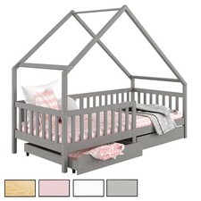 Lit cabane asymétrique pour enfant avec tiroirs 90x200 cm en pin massif