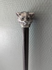 Canne de collection – pommeau triptyque en étain (chat, chouette, bulldog