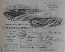 Facture GRANGES Vosges 1920 filature WALTER SEITZ tissage entête illustrée 68