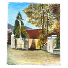 Ancien Tableau Naïf Ex Voto HSC Calvaire Prieuré Ste Madeleine de Loups - Signé