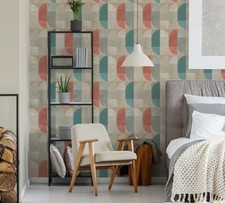 Papier Peint Motif Rétro Géométrique, Style Scandinave - Beige, Rouge, Bleu