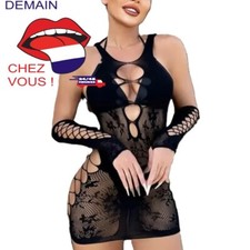24h/48h Lingerie sexy combi robe nuisette Dentelle noire avec les gants mitaines