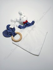 Doudou Plat/Mouchoir Et Anneau Lapin Blanc Bleu Rayé Noeud Rouge Envie De Fraise