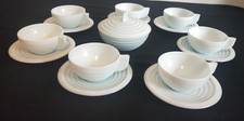 7 Tasses À Café 1 sucrier en Opaline Années 1950 Style Art Déco Blanc Bleuté