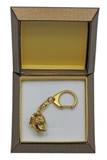 Staffordshire Bull Terrier, Staffie - Porte-clés doré avec chien dans boîte cade