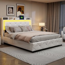 Lit Rembourré Cadre 140x200 cm de Lit Double avec LED & USB et Sommier à Lattes