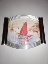 Ancien plateau service Bois et aluminium Art déco Thème bateau mer
