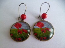 boucles d'oreilles Brobze crochets perles cabochon  25mm Coquelicots 