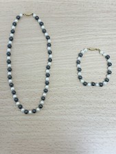 2 Bijoux Parure Bracelet Et Collier Fermoir En Or Avec Perle Bleu Et Blanche 18k