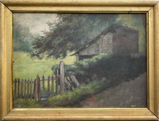 Impressionniste Paysage D'Été Ferme Maison en Bois Cabane Hangar Clôture Ancien