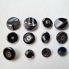 12 Boutons Design Vintage 1920 en Verre Noir Argent 20's Buttons ART DECO