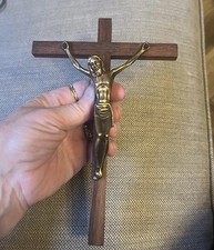 7” French Cross Crucifix Wood Bronze Church Mid Century Modern Wall Christ Gold