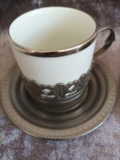 Lot De 2 Petites Tasses En Porcelaine De Bavaria Avec Soucoupe  Support Étain 