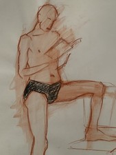 Tableau ancien sanguine fusain étude portrait homme nu dévêtu debout 65 X 50