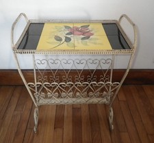 guéridon desserte vintage carrelage de vallauris à fleur signé jacques fer forgé