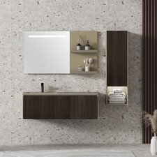 Ensemble meuble salle de bains AQUA – Bois nervuré, marbre synthèse, miroir LED