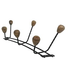 PORTE MANTEAUX MURAL EN FER FORGE ET 6 PATERES BOIS  1960 VINTAGE SCANDINAVE