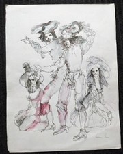 Dessin ancien XX signé Fini portrait danseurs artiste onirique surréaliste déco 